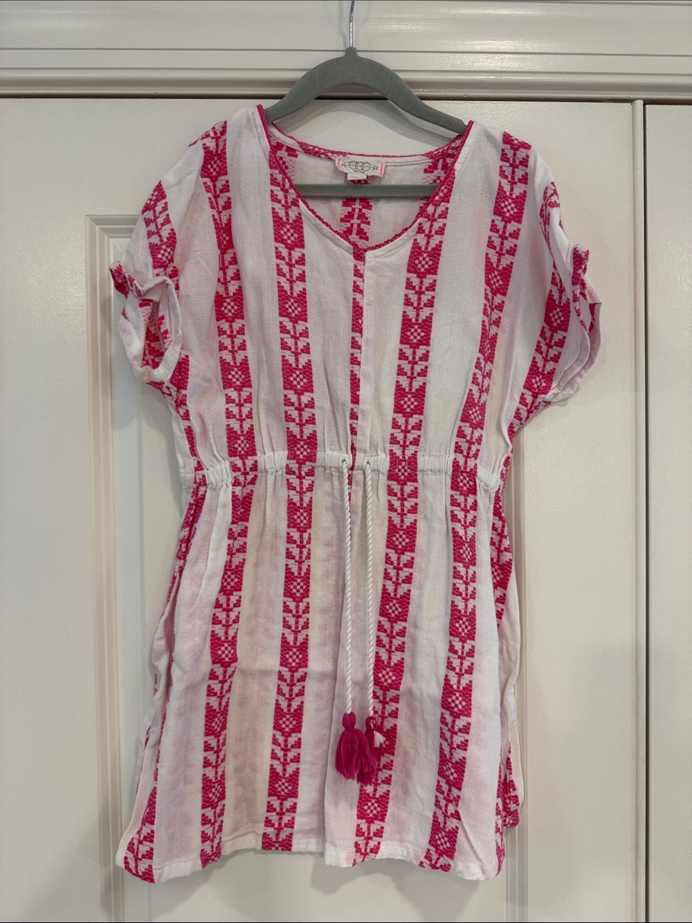 Girls' White Dress with Pink Embroidered Stripes and Tassel Tie